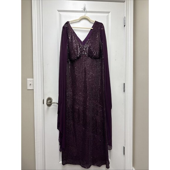 New Nightway Plus Size 18W Purple Sequined Cape Formal Gown Cocktail Maxi Dress - Picture 4 of 12